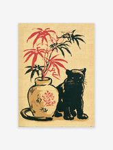 Japanese-inspired illustration of a black cat next to a vase with red and black bamboo leaves on cream background