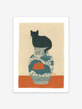 Illustration of a black cat sitting on a blue and white ceramic vase with an orange lotus flower. Black Cat Art Print.