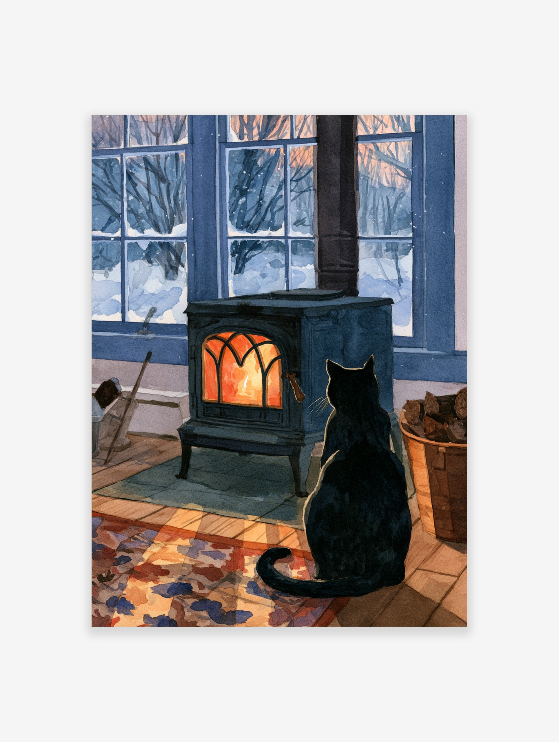 Black cat sitting in front of a glowing cast-iron wood stove with a snowy winter garden outside the window