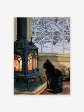 Illustrative print of a black cat sitting before a glowing wood-burning stove with a snowy winter landscape outside