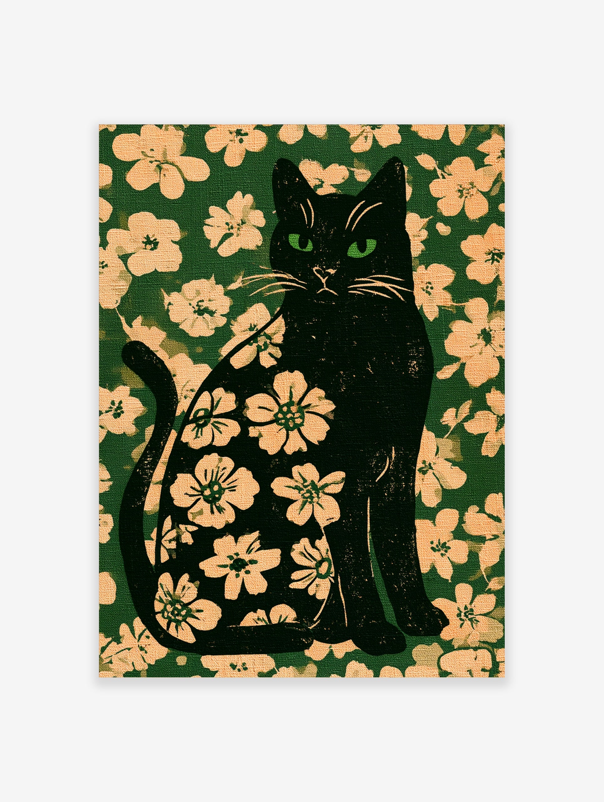 Black cat silhouette filled with a floral pattern set against a matching deep green botanical background art print