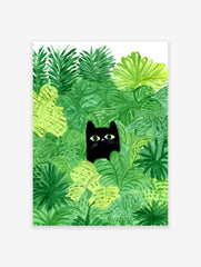Whimsical black cat poster peeking through vibrant green jungle leaves with bright green eyes and a pink nose illustration.