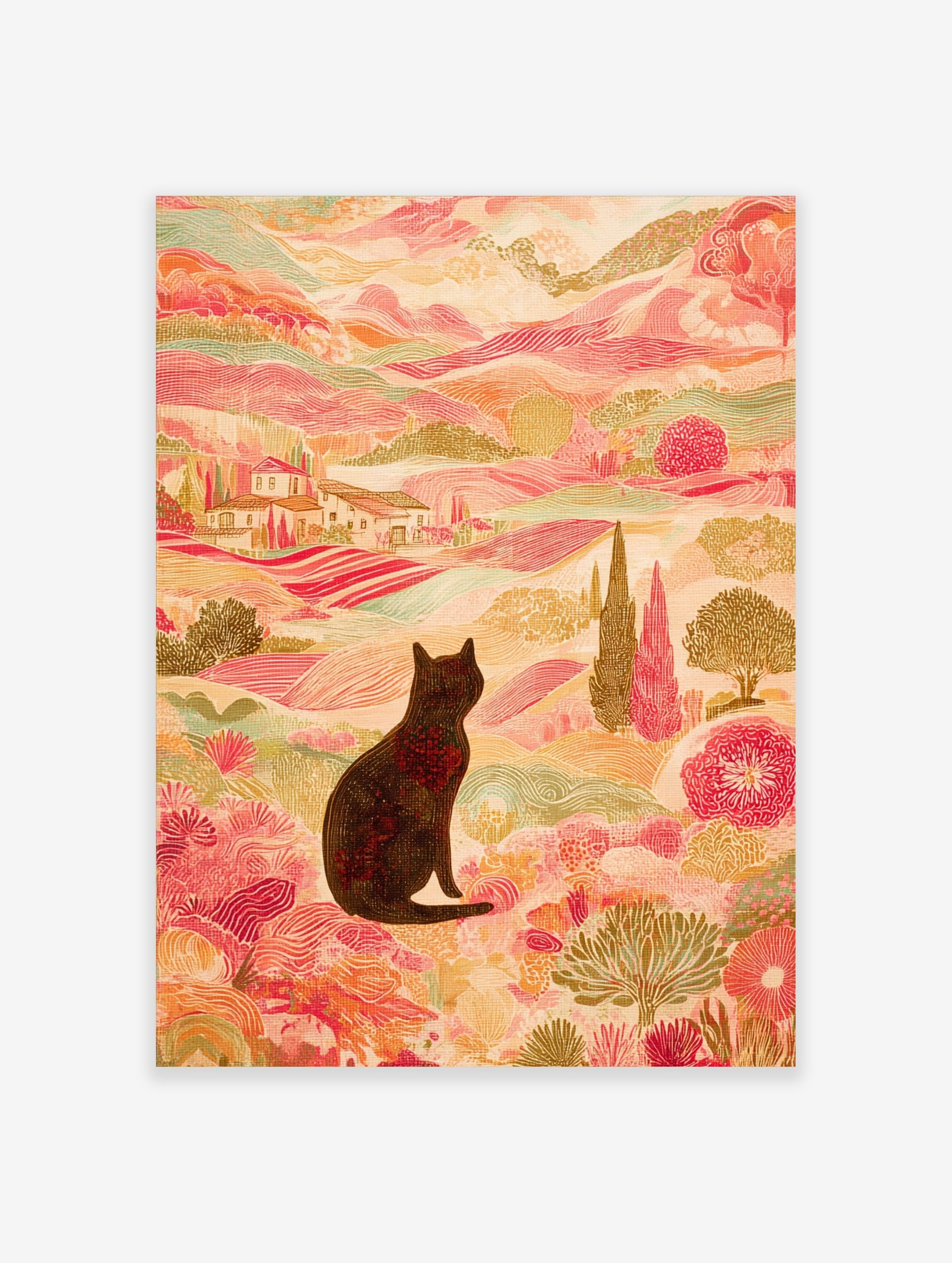 Illustrative print of black cat in colourful landscape with pink hills, green trees, and distant villas