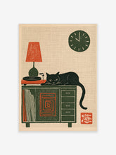 Illustrative mid-century style black cat sitting on a green cabinet with a red lamp and record player, beige background