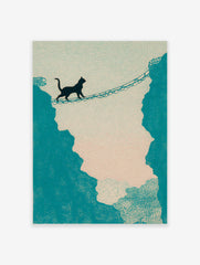 Illustrative print of a black cat walking across a rope bridge between teal cliffs against a light textured sky