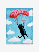 Whimsical illustration of a black cat descending with a pink floral parachute in a blue sky with white clouds wall art