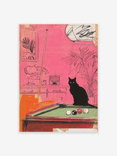 Black cat poster illustration showing a black cat sitting on a green pool table in a vibrant pink room with plants.