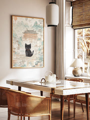 Black cat poster sitting on a bridge in an illustrated East Asian landscape with mountains, traditional buildings, and a lantern. - Image 2