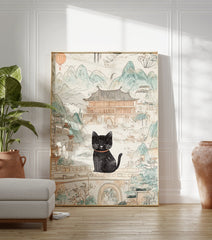 Black cat poster sitting on a bridge in an illustrated East Asian landscape with mountains, traditional buildings, and a lantern. - Image 3