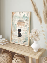 Black cat poster sitting on a bridge in an illustrated East Asian landscape with mountains, traditional buildings, and a lantern. - Image 4