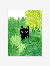 Illustration poster of a black cat with big eyes peeking out from vibrant green foliage and leaves.