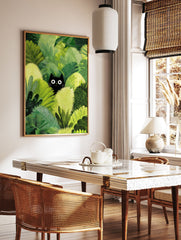 Black cat poster peeking from dense green jungle foliage with wide white eyes, in a whimsical illustration style. - Image 2