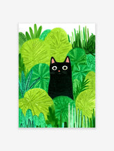 Black cat poster peeking from vibrant green jungle foliage illustration