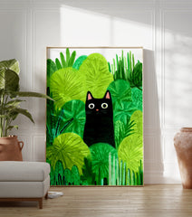Black cat poster peeking from vibrant green jungle foliage illustration - Image 3