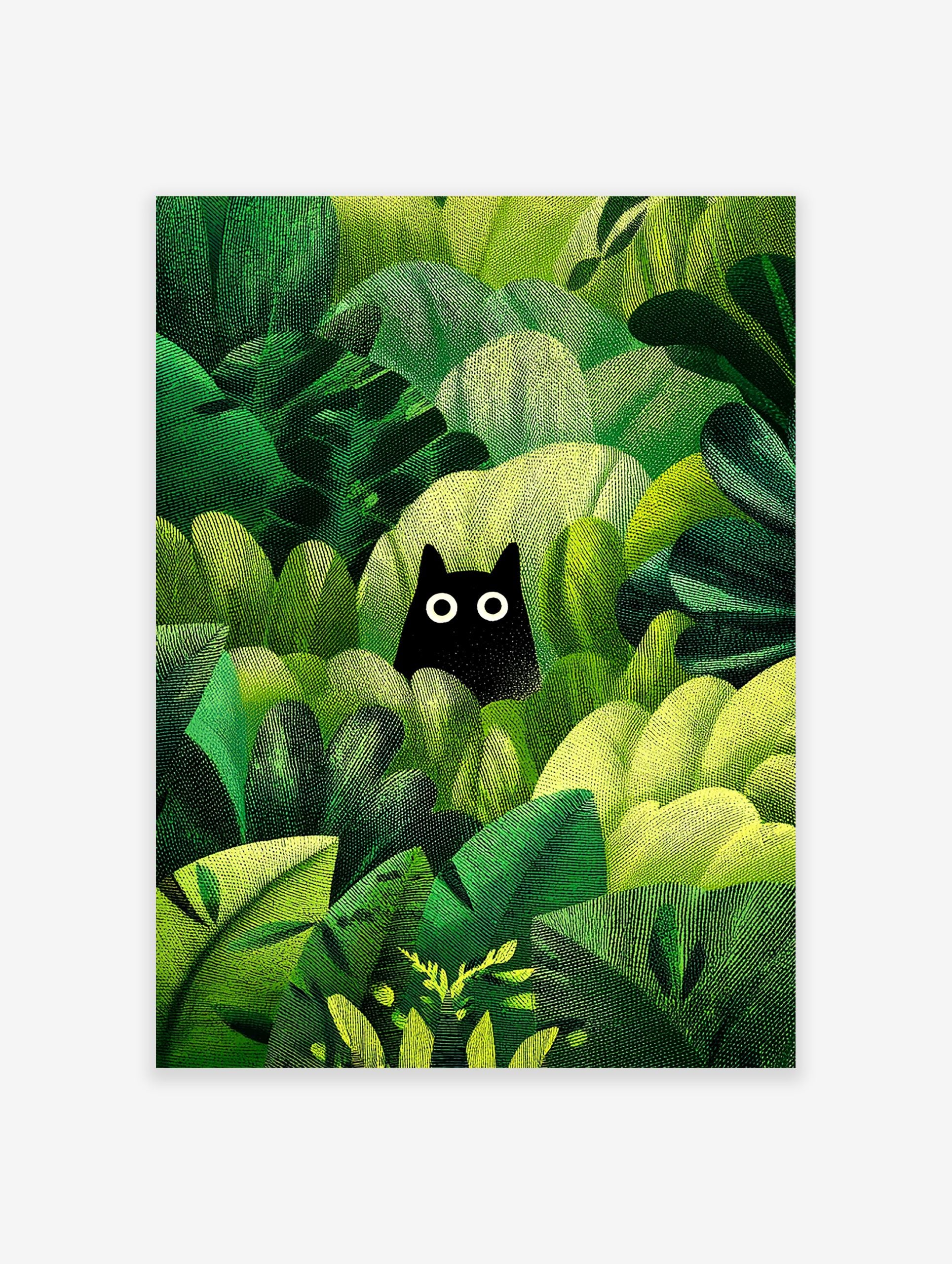 Black cat poster peeking from dense, textured green jungle foliage with bright white eyes, illustrated art print.