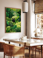 Black cat poster peeking from dense, textured green jungle foliage with bright white eyes, illustrated art print. - Image 2