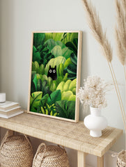 Black cat poster peeking from dense, textured green jungle foliage with bright white eyes, illustrated art print. - Image 4