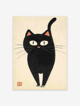 Minimalist black cat poster in Japanese illustrative style with large white eyes and pink nose on a cream background.