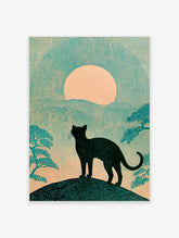 Black cat silhouette standing on a mound below a peach sun and teal mountains, with pine trees