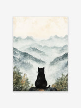 Black cat poster sitting on a rock, looking out over a serene misty mountain landscape with watercolor trees in the foreground.