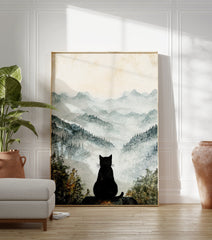 Black cat poster sitting on a rock, looking out over a serene misty mountain landscape with watercolor trees in the foreground. - Image 3