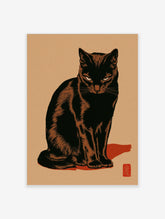 Black cat art print with amber highlights, white eyes, and red shadow on tan background