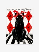 Black cat poster with red polka dot bandana and Pussy Palace text, red diamond background