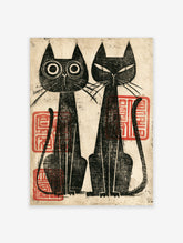 Black cat poster with two stylised cats, one wide-eyed and one narrow-eyed, on beige background with red seals