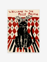Black cat poster with red text Welcome To The Pussy Palace on a red and white checkerboard background