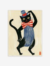Black cat illustration wearing a blue top hat, red striped bow tie, and blue dress on a cream background