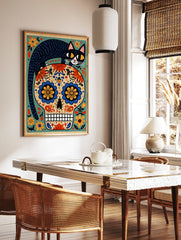 Illustrative Day of the Dead skull with a black cat on top and colourful floral patterns on a beige, in a styled room mockup