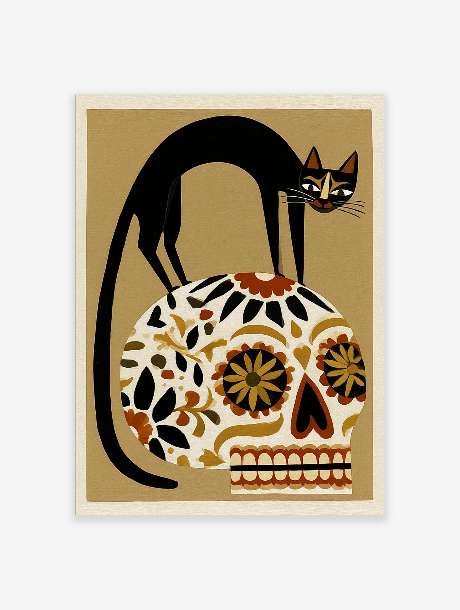 Black cat perched on a floral patterned Mexican sugar skull, illustrative art print on a beige background