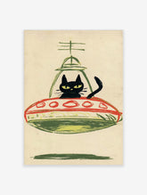 Black cat in a green UFO with red saucer details on a cream background, retro sci-fi poster