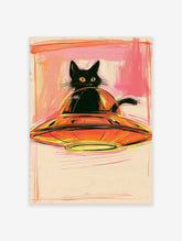 Black cat in orange UFO with pink background art print