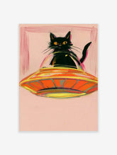 Black cat with yellow eyes inside an orange UFO on a pink background, retrofuturist art print