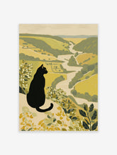 Illustrative print of a black cat with yellow eyes overlooking a green and beige river valley