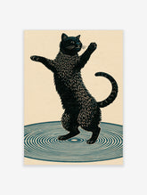 Black cat dancing on teal vinyl record linocut style wall art print