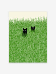 Two black cats with wide eyes peeking out from tall, textured green grass against a cream background, minimalist art.