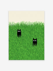 Two black cats with wide eyes peeking out from tall, vibrant green grass in a minimalist illustration style wall art.