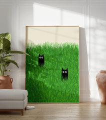 Two black cats with wide eyes peeking out from tall, vibrant green grass in a minimalist illustration style wall art. - Image 3
