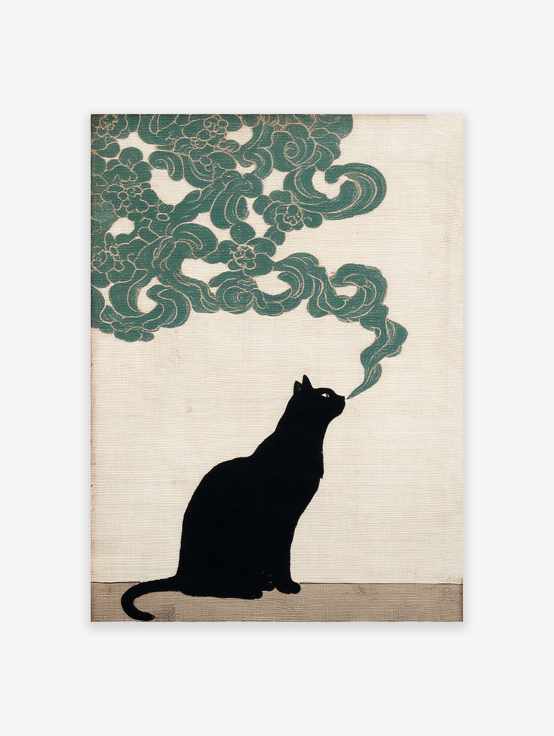Black cat wall art illustration with a black cat exhaling green stylized smoke against a beige textured background.