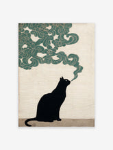 Black cat wall art illustration with a black cat exhaling green stylized smoke against a beige textured background.