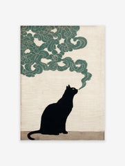 Black cat wall art illustration with a black cat exhaling green stylized smoke against a beige textured background.