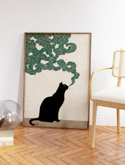 Black cat wall art illustration with a black cat exhaling green stylized smoke against a beige textured background. - Image 2