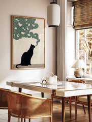 Black cat wall art illustration with a black cat exhaling green stylized smoke against a beige textured background. - Image 3