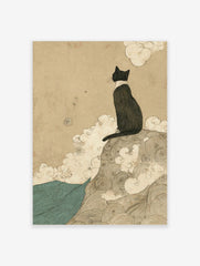 Japanese style black cat print, sitting on swirling mound, gazing over teal waves under beige sky with clouds