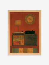 Stylized illustration of a black cat lying on a geometric sideboard with a lamp and clock against a red wall