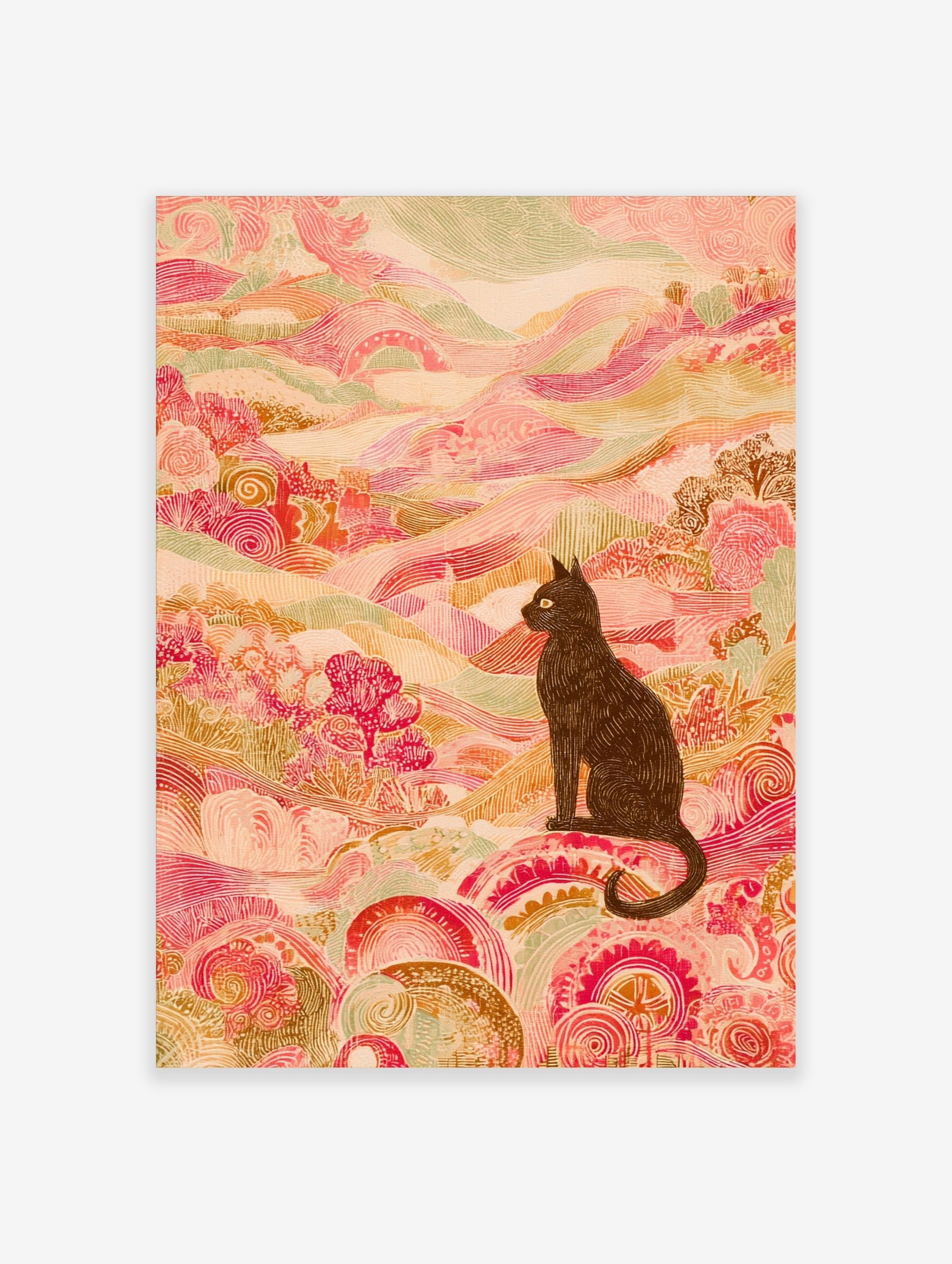 Illustrative black cat with yellow eyes in an ornate pink and green patterned landscape art print