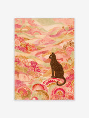 Illustrative black cat with yellow eyes in an ornate pink and green patterned landscape art print