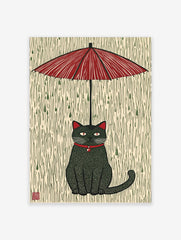 Stylised black cat with red collar and eyes sitting under a red umbrella in green rain, Japanese art style